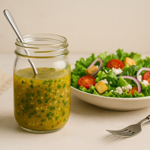 Jar of homemade Classic French Vinaigrette with fresh herbs, next to a crisp Romaine salad with cherry tomatoes, red onions, and croutons
